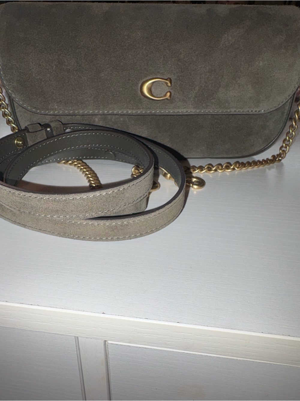 Coach Olive Suede Brooke flap bag with two chains.
